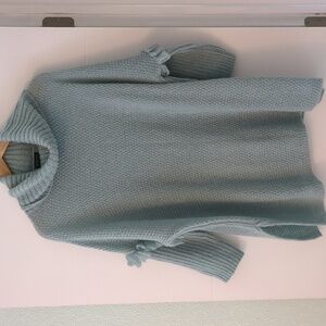 Made in Italy Turtleneck Mohair Wool Mix Seafoam Blue Boho Pullover Poncho Sz L